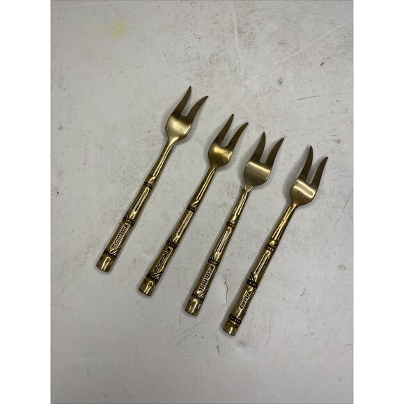 Thailand Nickelbronze Appetizer Cocktail Forks & Spoon Bamboo Design Set of 5 - Picture 6 of 12